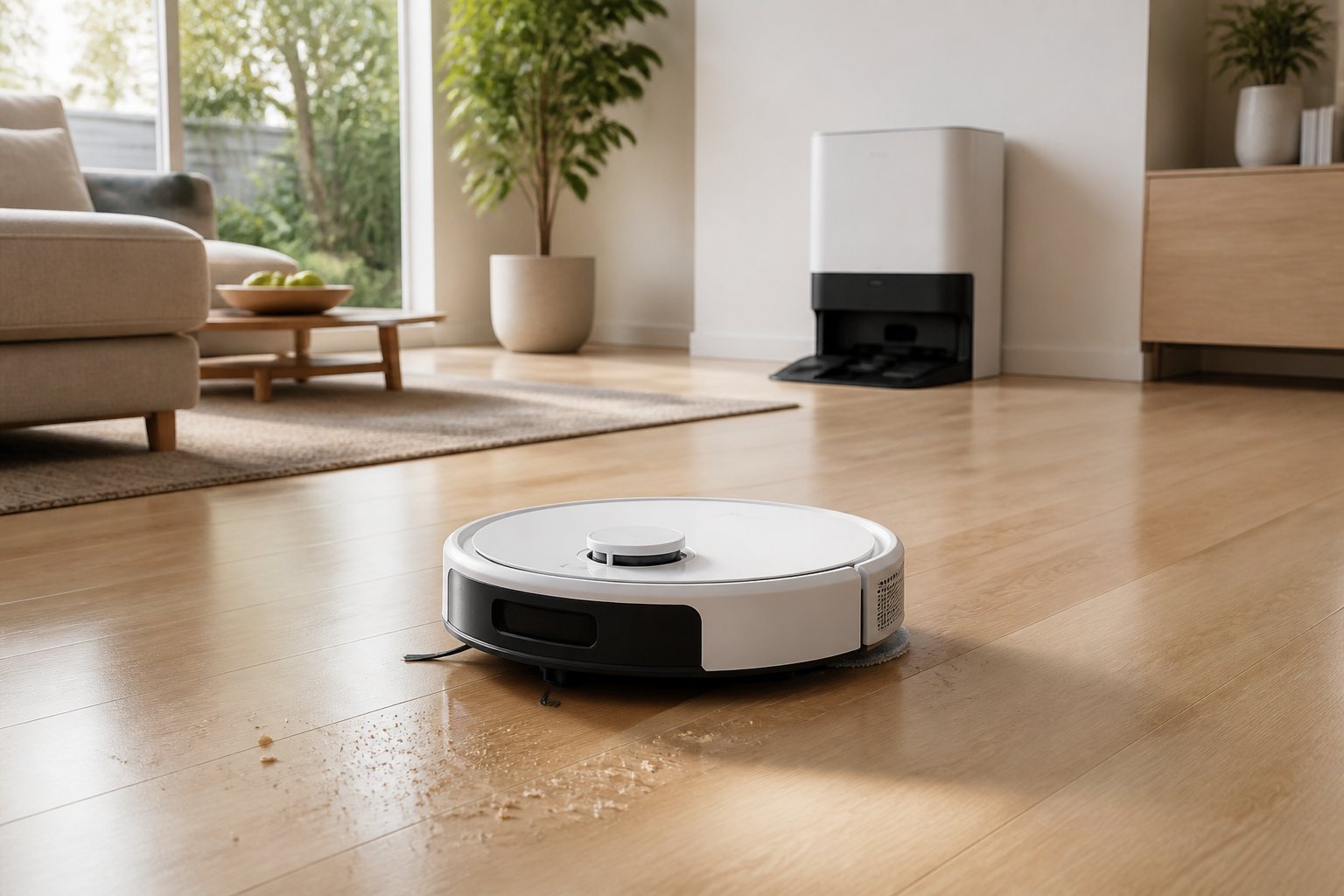 Un aspirateur robot nettoie le sol d'un salon moderne et lumineux.