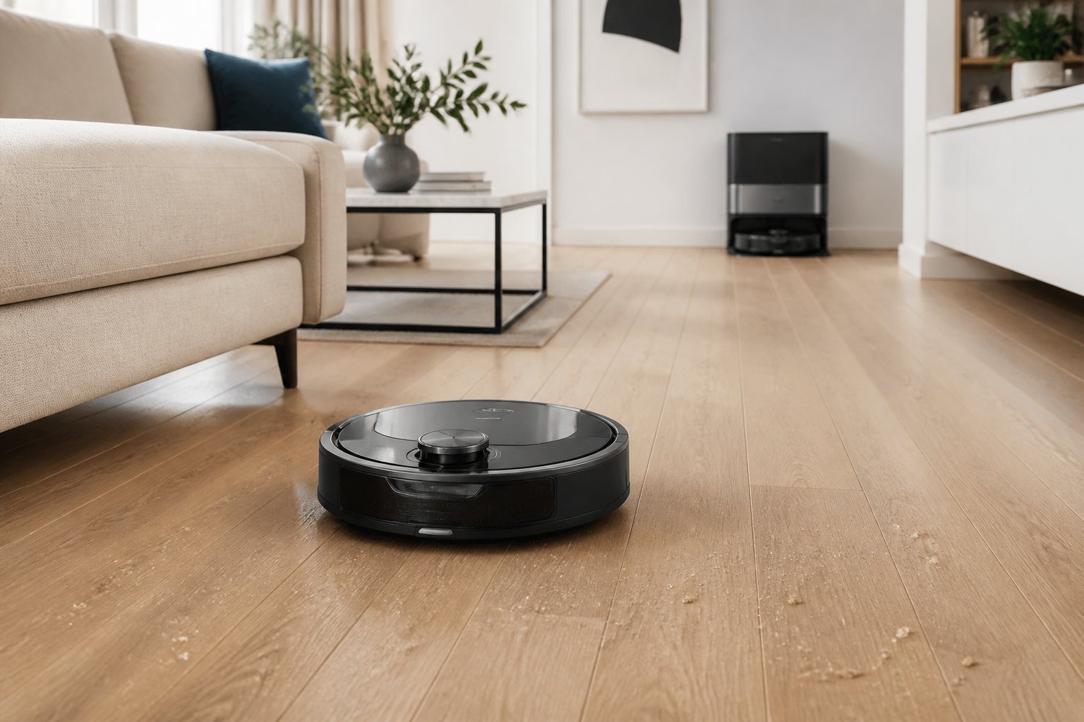 Un aspirateur robot noir se déplace dans un salon moderne près de sa station de recharge.