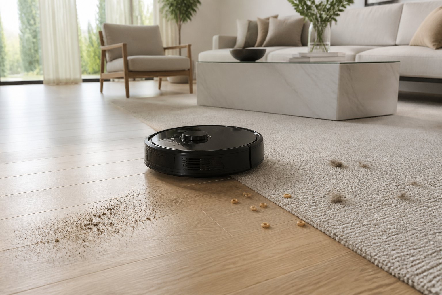 Un aspirateur robot noir nettoie la jonction entre un sol en bois et un tapis parsemés de poussière, de miettes et de poils.
