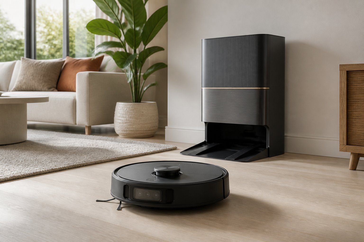 Un aspirateur robot noir et blanc avec sa station de recharge dans un intérieur moderne et lumineux.