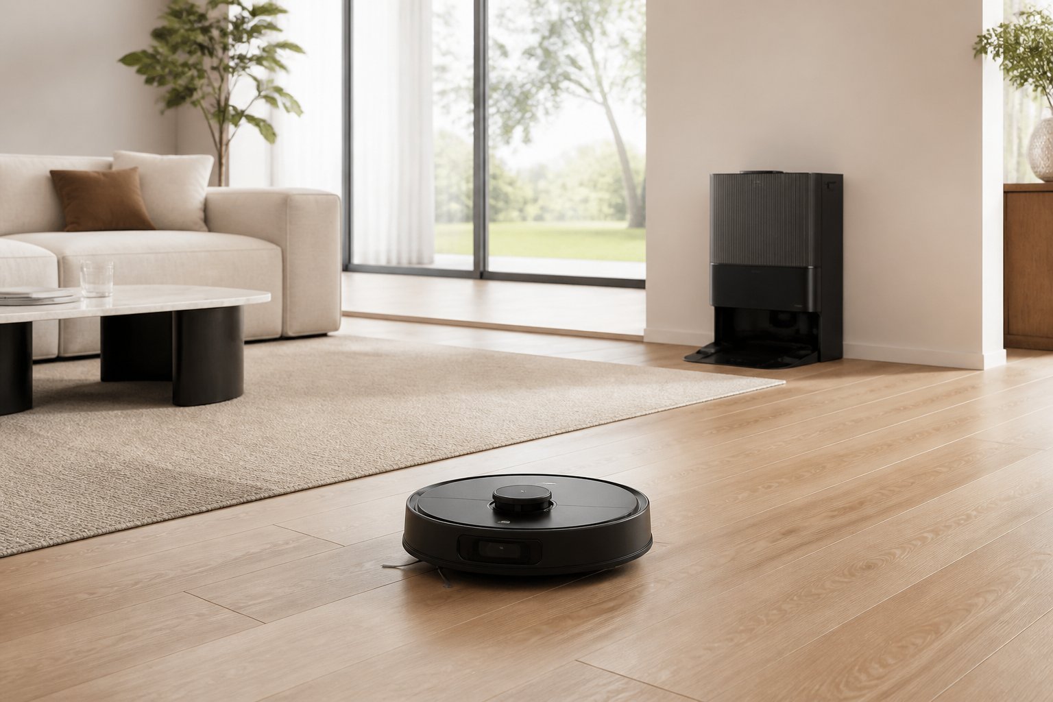 Un aspirateur robot nettoie le sol d'un salon moderne près de sa station de recharge.