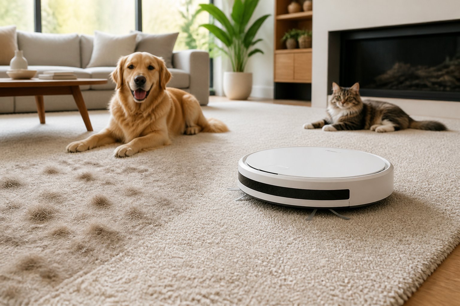 Un aspirateur robot nettoie un tapis dans un salon moderne où se trouvent un chien et un chat.