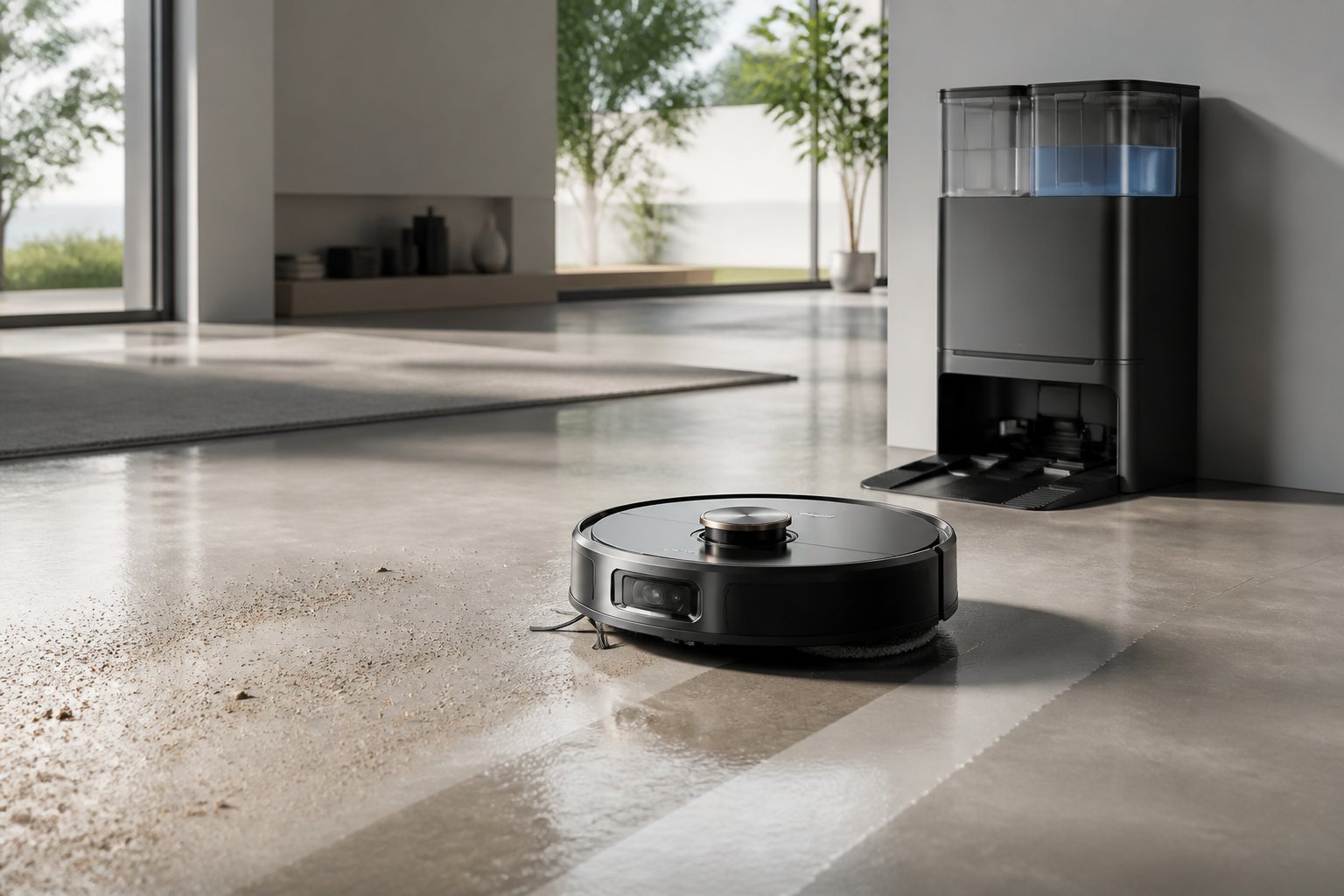 Un aspirateur robot haut de gamme nettoie le sol d'un intérieur moderne près de sa station de recharge.