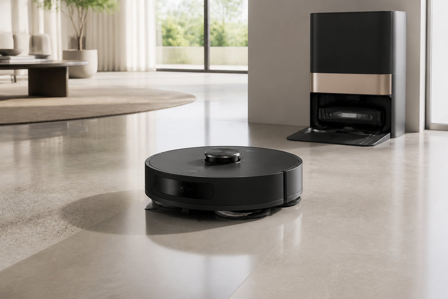 Aspirateur robot haut de gamme installé sur le sol d'un intérieur moderne, près de sa station de recharge.