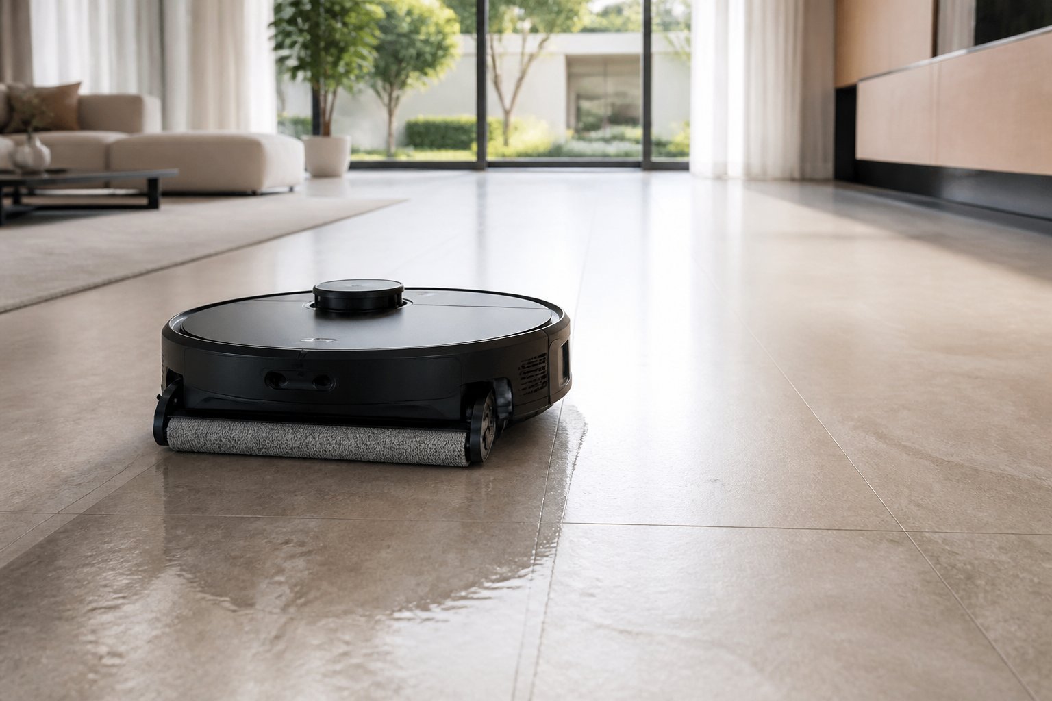 Un aspirateur robot lave en continu un sol dur dans un intérieur moderne et lumineux.