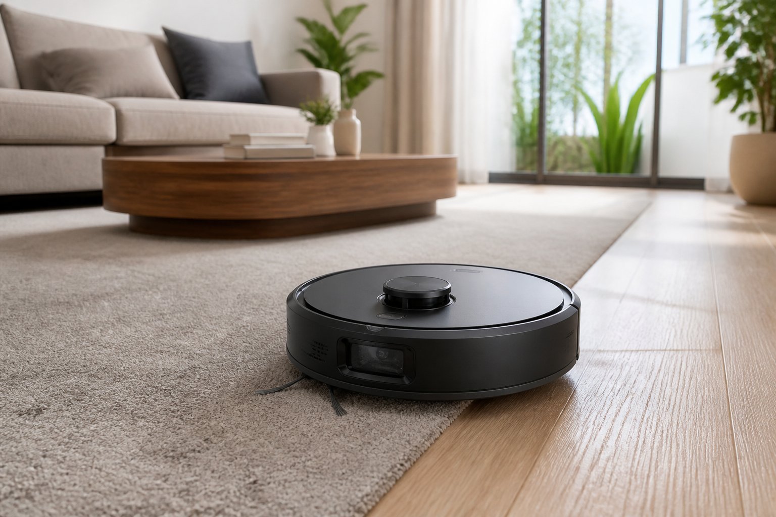 Un aspirateur robot noir et gris placé sur un sol clair dans un salon moderne.