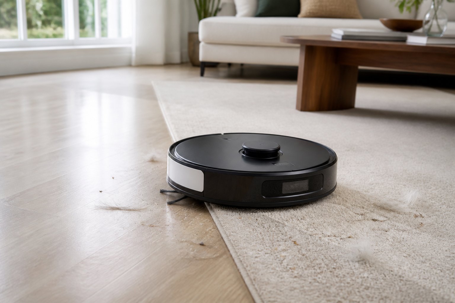Un aspirateur robot nettoie un sol dur et un tapis où se trouvent quelques cheveux, poils d'animaux et poussières.