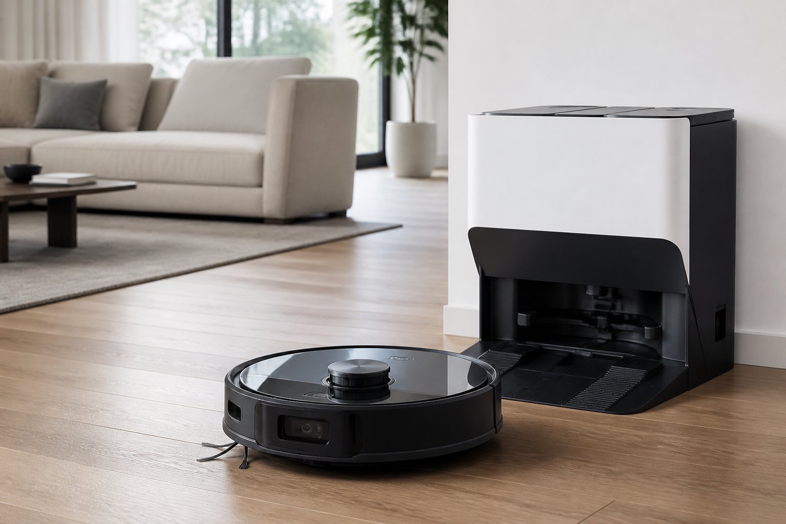 Un aspirateur robot moderne avec sa station de recharge dans un salon contemporain lumineux.