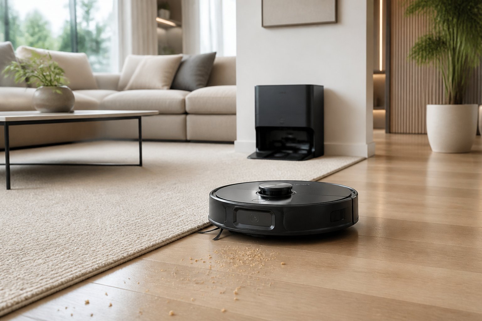 Aspirateur robot haut de gamme installé dans un salon moderne, avec sa station de recharge visible à l'arrière.