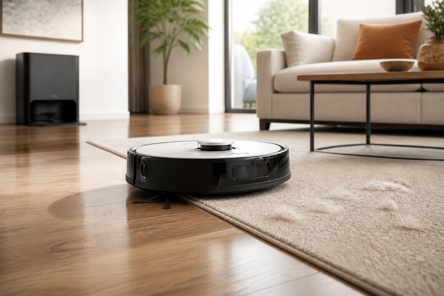 Un aspirateur robot nettoie une pièce moderne composée d'un sol dur, d'un tapis et de poils d'animal.