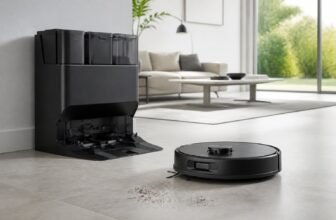Un aspirateur robot noir près de sa station dans un salon moderne et lumineux.