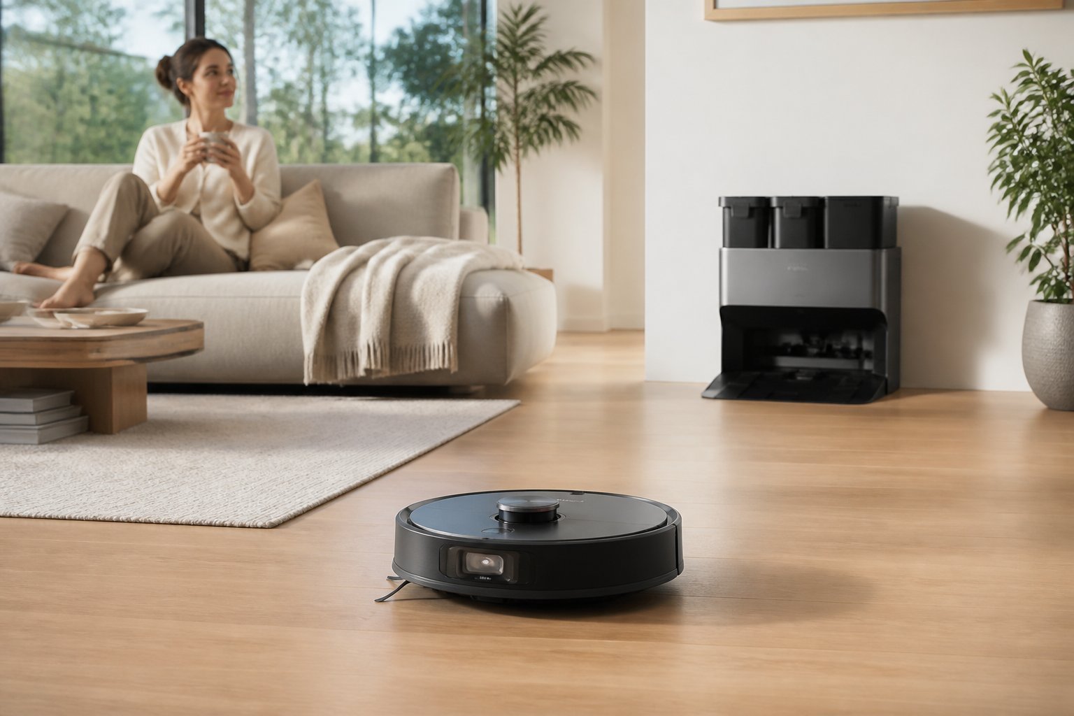 Un aspirateur robot haut de gamme nettoie le sol d'un salon moderne tandis qu'une personne se détend sur un canapé.