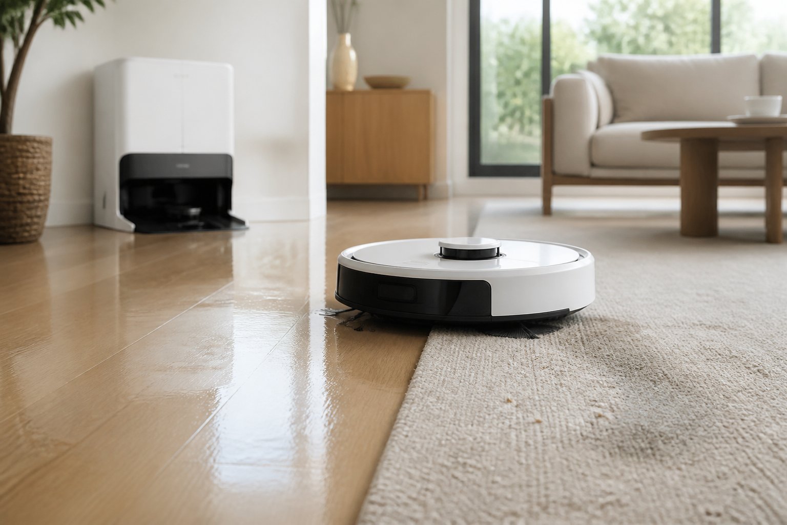 Un aspirateur robot nettoie la jonction entre un sol en bois et un tapis dans un intérieur moderne.