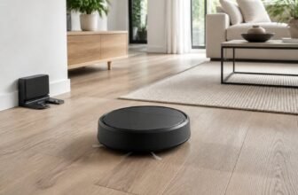 Un aspirateur robot rond nettoie le sol d'un salon moderne près de sa station de recharge.