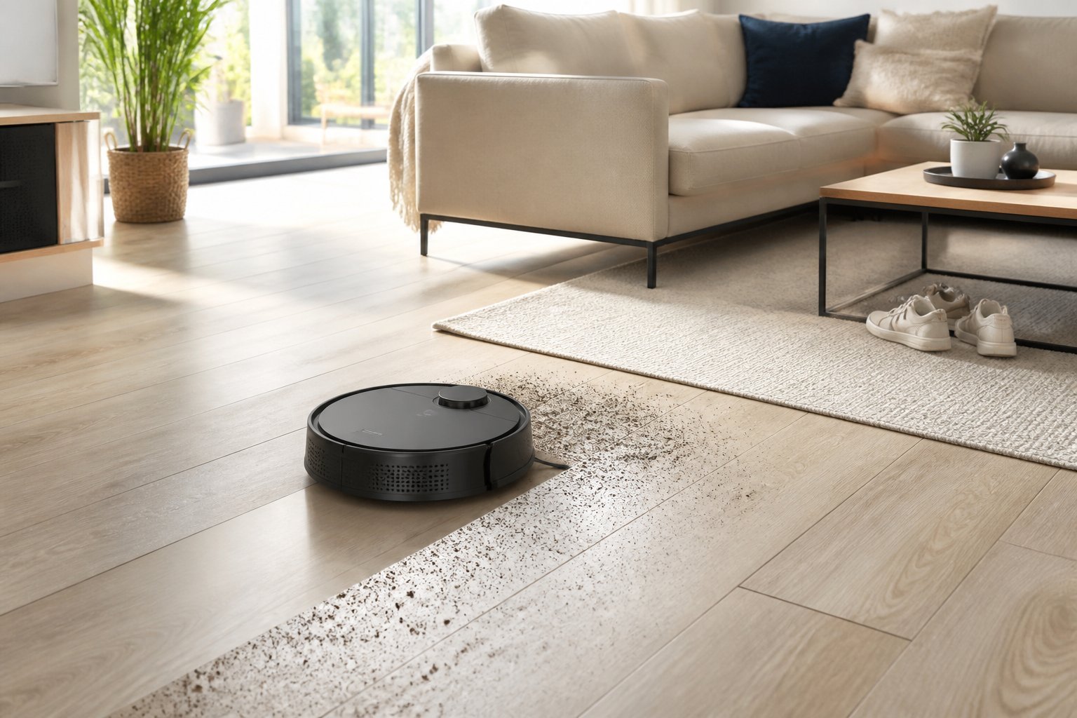 Un aspirateur robot nettoie le sol d'un salon moderne près d'un canapé et d'un tapis.
