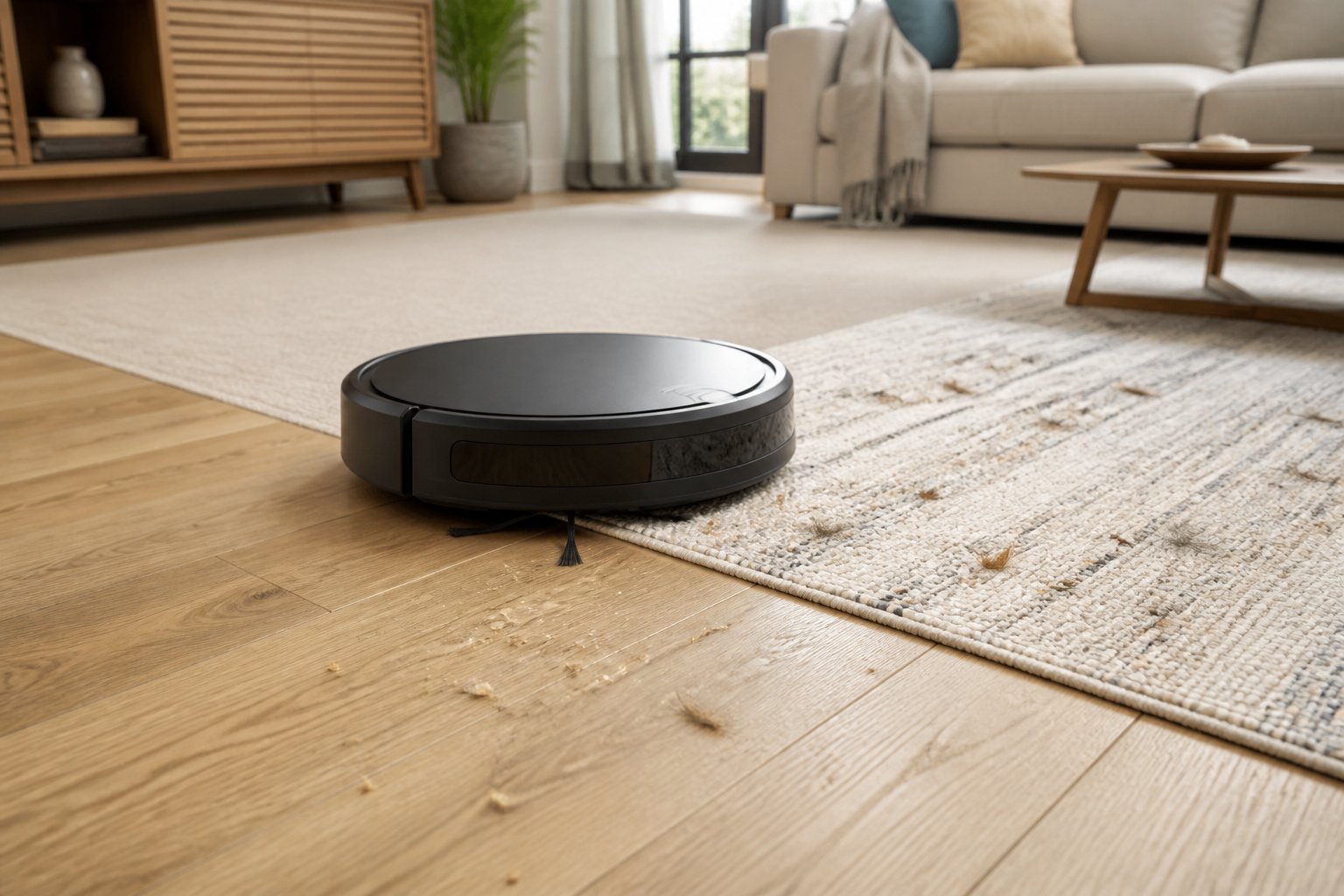 Un aspirateur robot nettoie successivement un sol en bois, un tapis et une moquette dans un intérieur moderne.