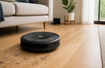 Un aspirateur robot rond noir et gris nettoie le sol clair d'un salon moderne près de sa station de recharge.