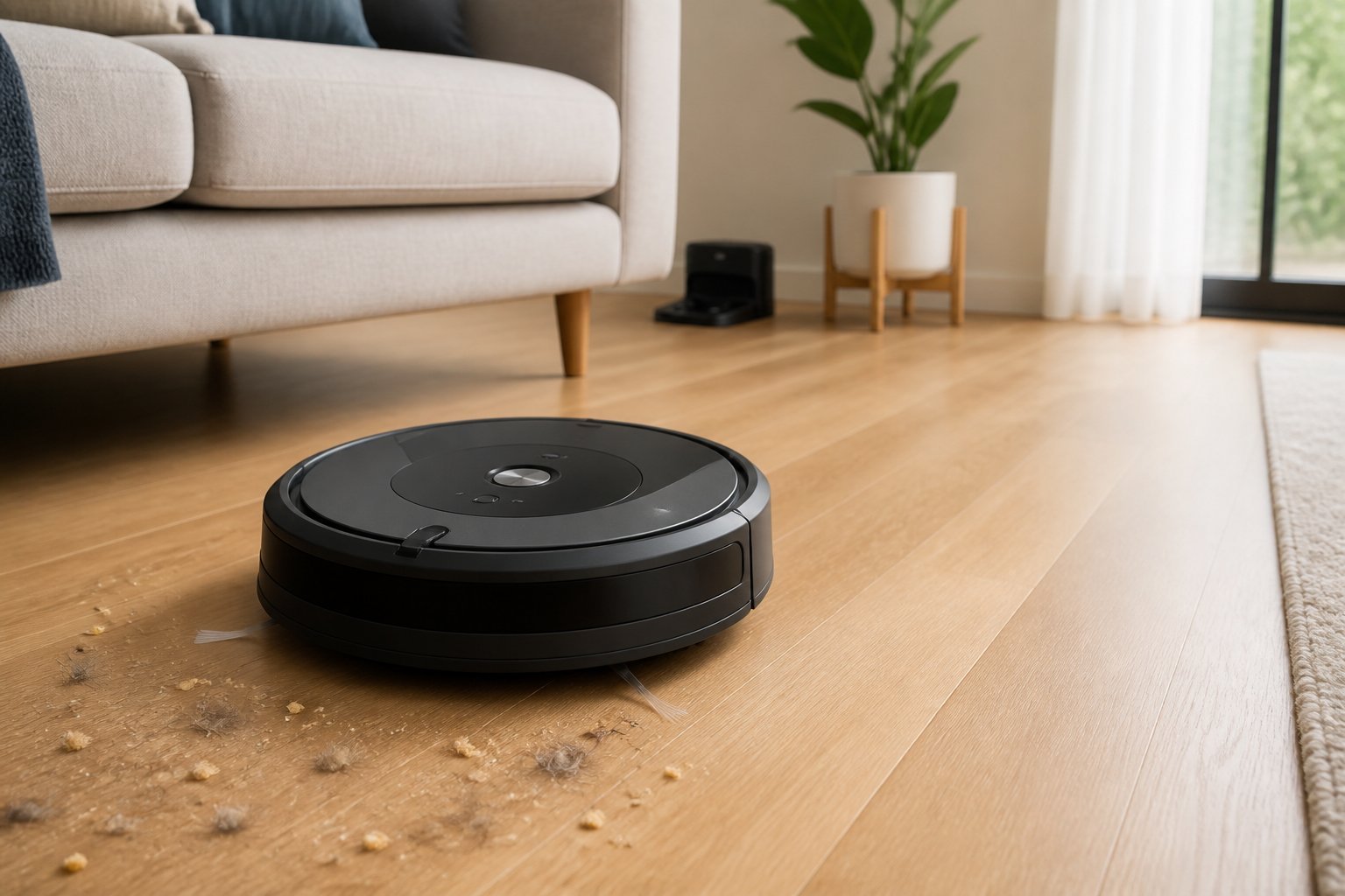 Un aspirateur robot rond noir et gris nettoie le sol clair d'un salon moderne près de sa station de recharge.
