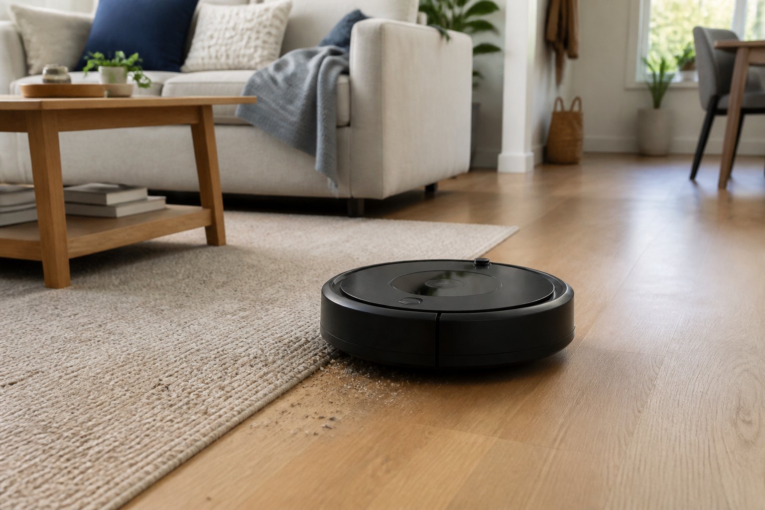 Un aspirateur robot noir nettoie le sol d'un salon moderne et bien rangé.