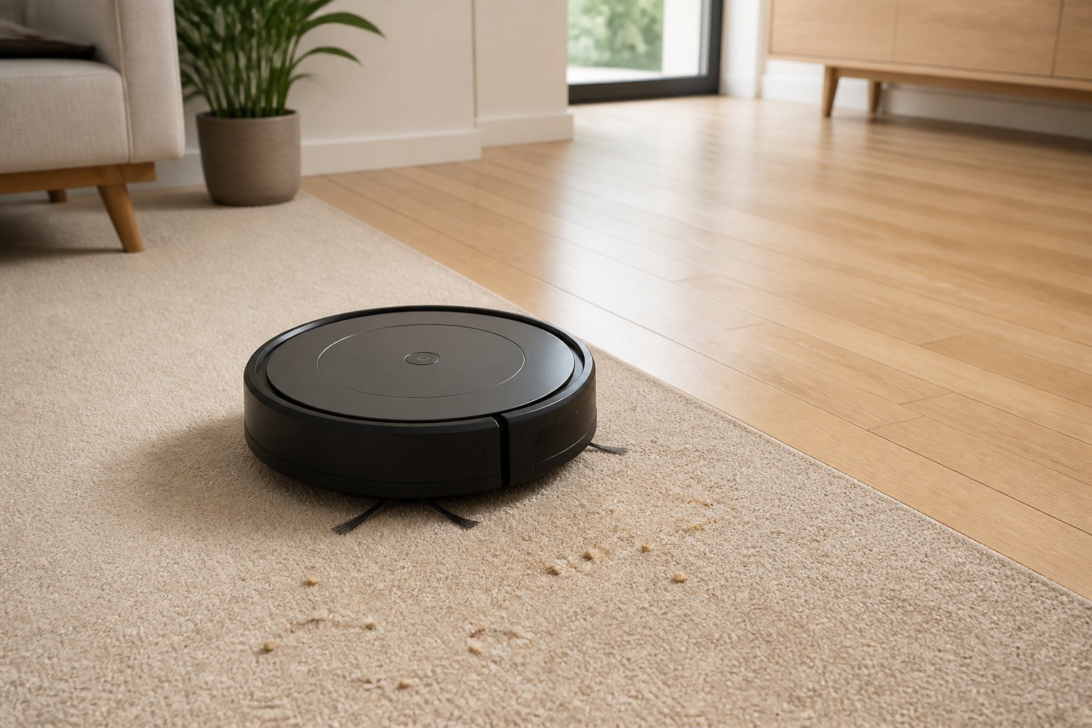 Un aspirateur robot nettoie une moquette près d'une transition vers un sol dur dans un intérieur lumineux.