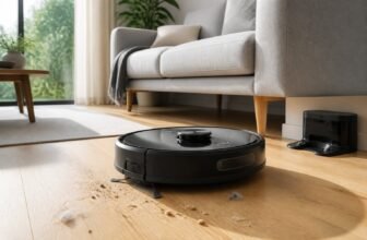 Un aspirateur robot circulaire nettoie le sol clair d'un salon moderne près de sa station de recharge.