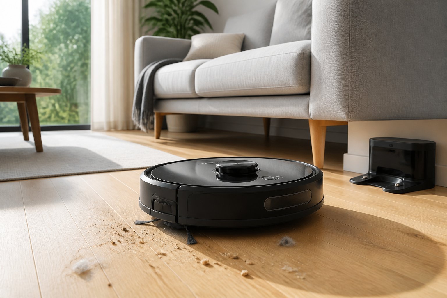 Un aspirateur robot circulaire nettoie le sol clair d'un salon moderne près de sa station de recharge.