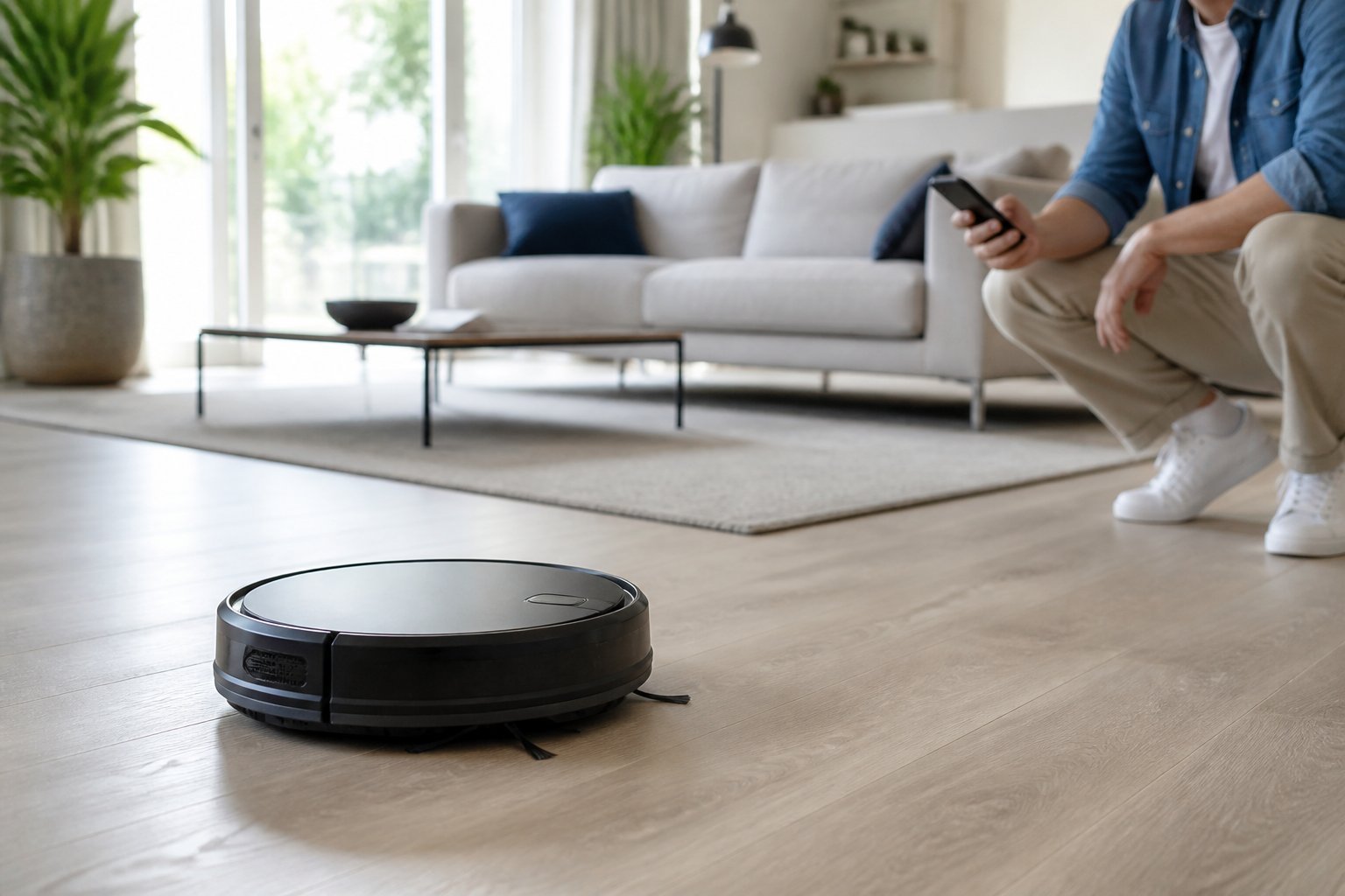 Un aspirateur robot noir et gris posé sur le sol d'un salon moderne, avec une personne qui l'observe.