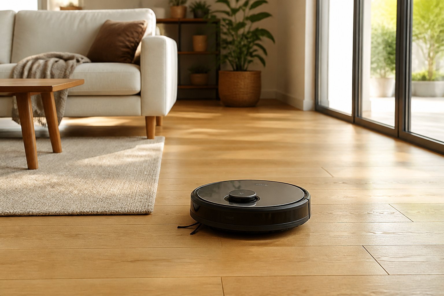 Un aspirateur robot nettoie le sol d'un salon moderne et lumineux.